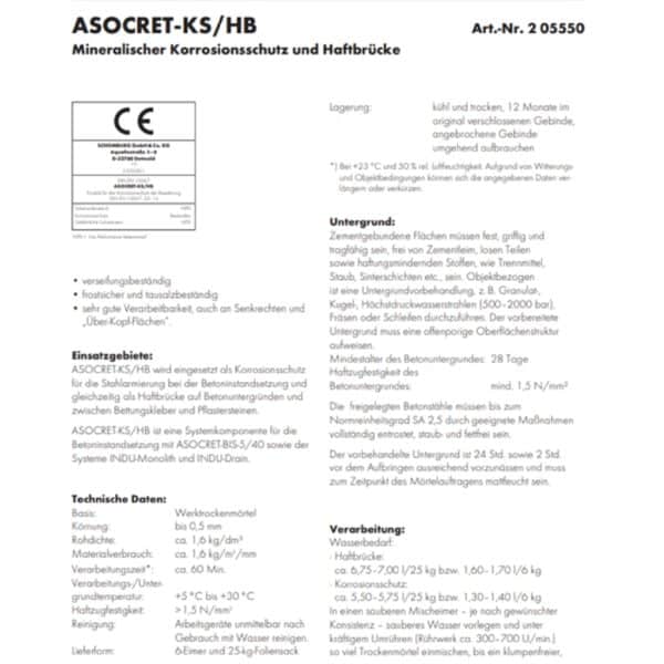 Mineralischer Korrosionsschutz und Haftbrücke Mörtel ASOCRET KS-HB Technisches Blatt