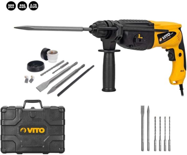 VITO Professional Kombihammer SET VIMP850 SDS-Plus Bohrhammer 4 Funktionen: Hämmern, Meißeln, Bohren, Schlagbohren | Meisselhammer 850W 2,75J