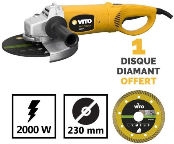 Winkelschleifer 2000 W Vito + Diamant-Trennscheibe 230- Kopf Stahl – 6200rpm