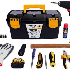 VITO Tools Starter Paket - Werkzeug Grundausstattung Universal und Haushalts-Werkzeugkoffer + Mini Akkuschrauber 12V