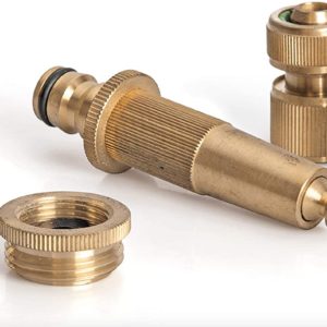 Messing Stecksystem Set 3/4", 5-teilig - Hahnanschlussstück, Adapter + Schlauchstück  + verstellbare Gartenspritze
