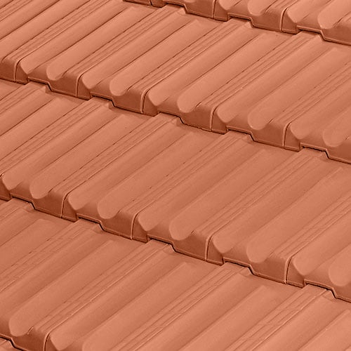klassische Flachprofil , bekannt als französischer Dachziegel , hat zwei geschwungene Linien als Tonnen-Pfanne-Effekt und erleichtert zusammen mit seiner versetzten Anordnung (Verbindungen nach „Heringborne“-Art) den Wasserabfluss.