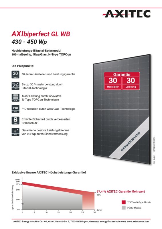 Technisches Datenblatt AXITEC 450W AXIbiperfect GL WB AC-450TGBL/108WB Glas-Glas Solarmodul