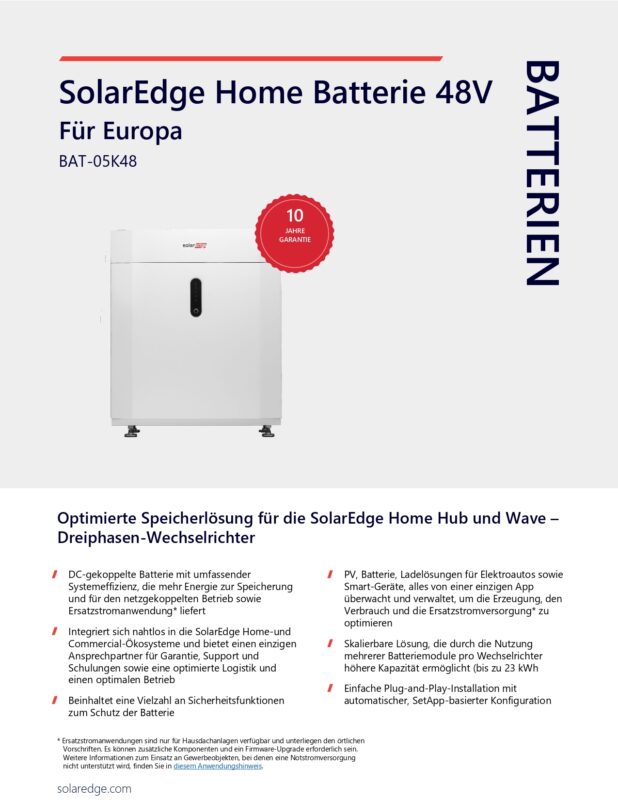 SolarEdge Home Battery 9.2 kWh Stromspeicher Technisches Datenblatt