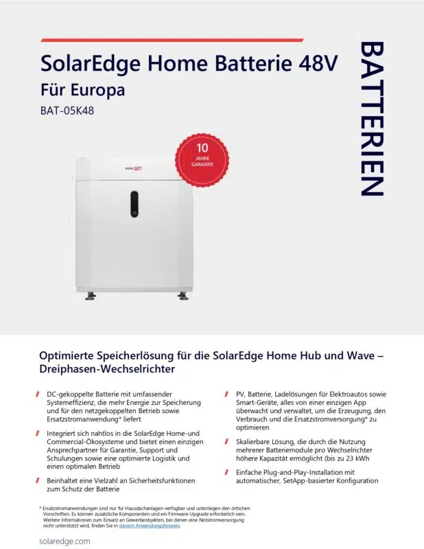SolarEdge Home Battery 9.2 kWh Stromspeicher Technisches Datenblatt