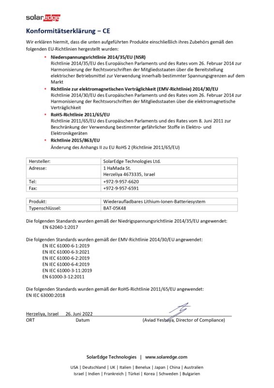 SolarEdge Home Battery 9.2 kWh Stromspeicher Konformitätserklärung