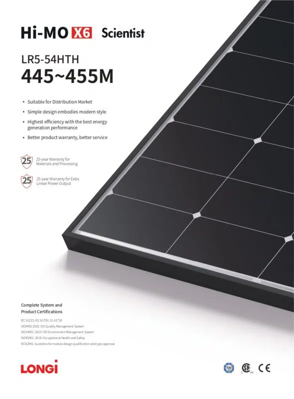 Longi Solar 445W Hi-MO X6 Scientist LR5-54HTH-445W Technisches Merkblatt